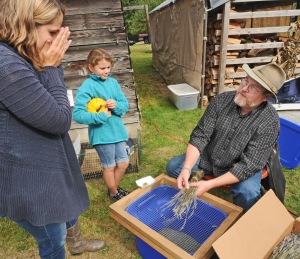 Philip Marshall, right, demonstrate to Beth Stitt, left, and her daughter Zoe how to strain the buds of a lavender. Stitt smells her hands after handling the aromatic stems.